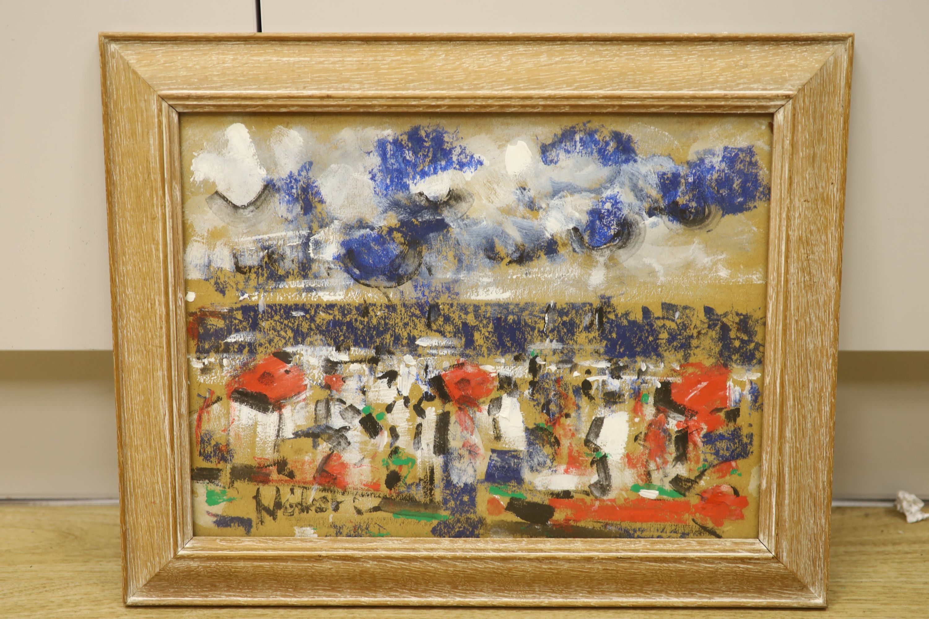 Continental School, gouache on card, African market place, indistinctly signed, 26 x 35cm